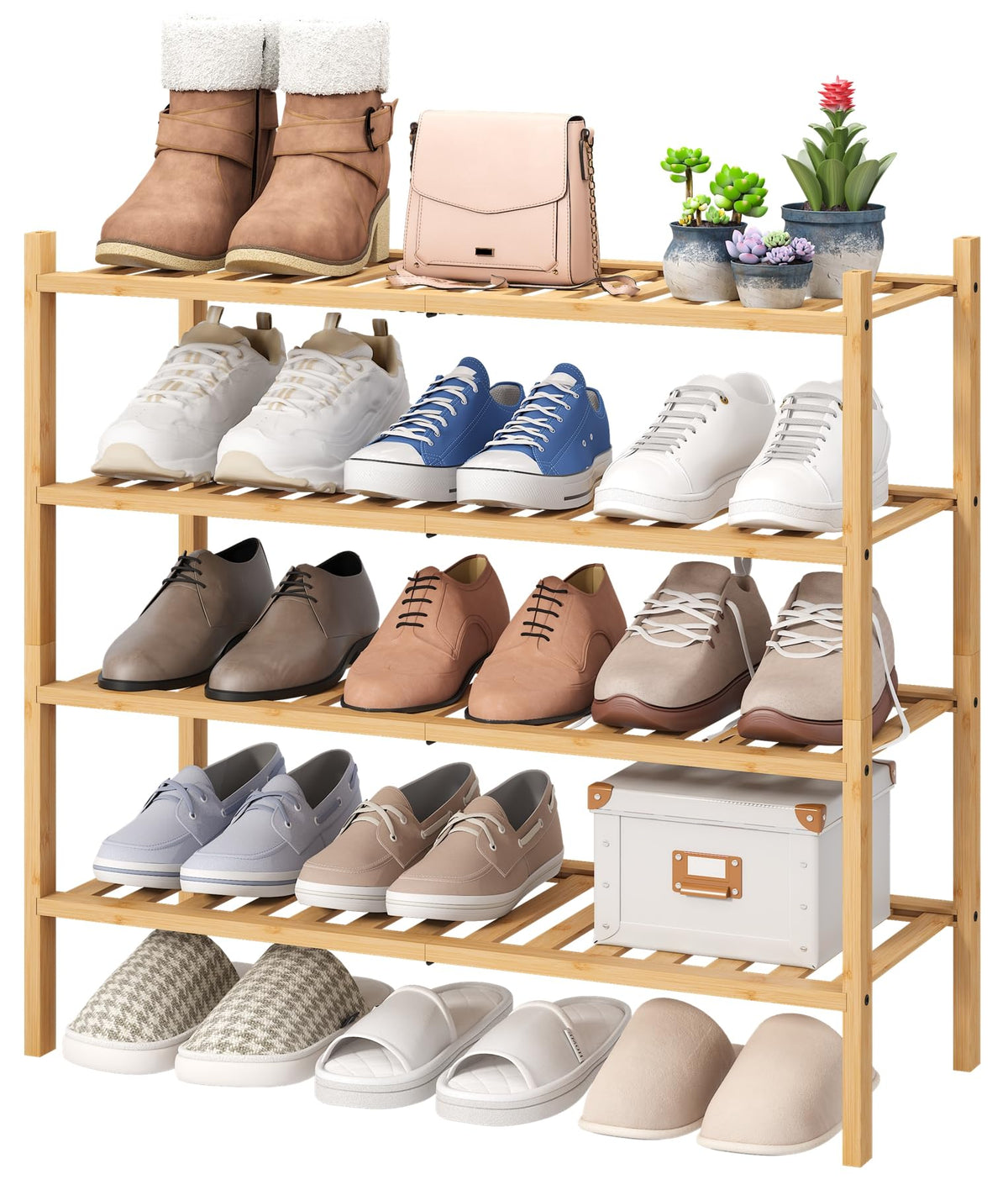Viewcare 4-Tier Bamboo Shoe Rack front view shows stacked storage for a tidy entryway.