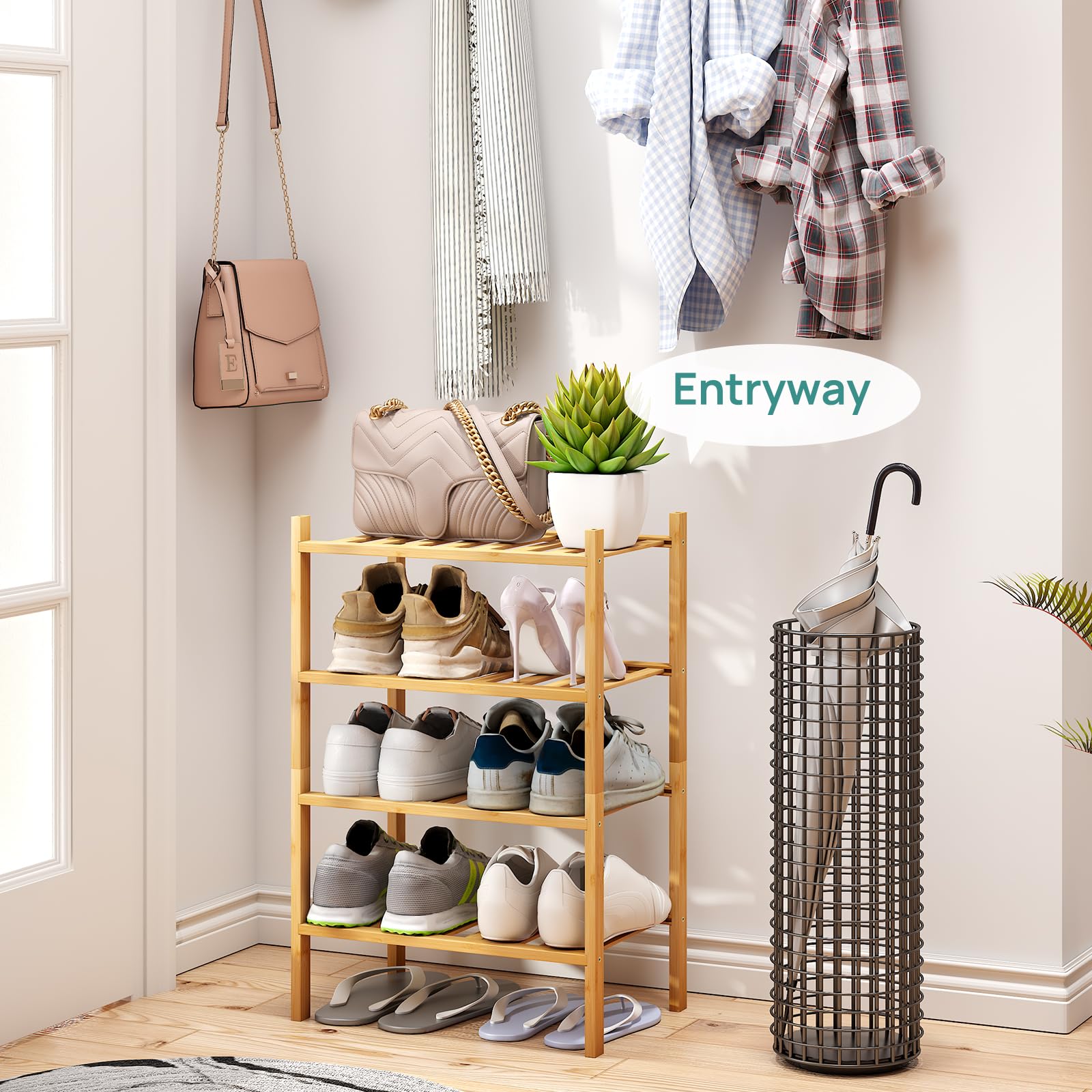 Viewcare bamboo shoe rack with four tiers stacked neatly for compact hall storage.