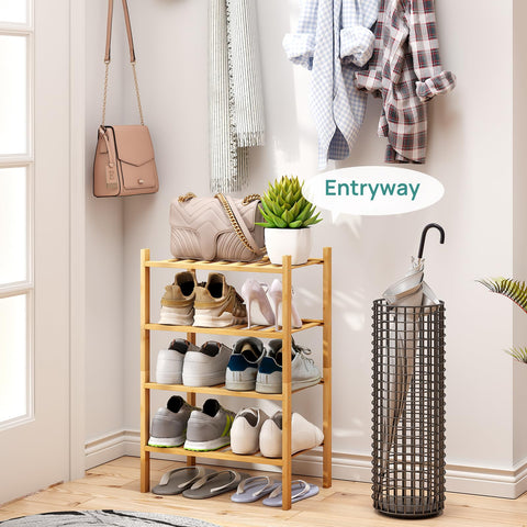Viewcare bamboo shoe rack with four tiers stacked neatly for compact hall storage.