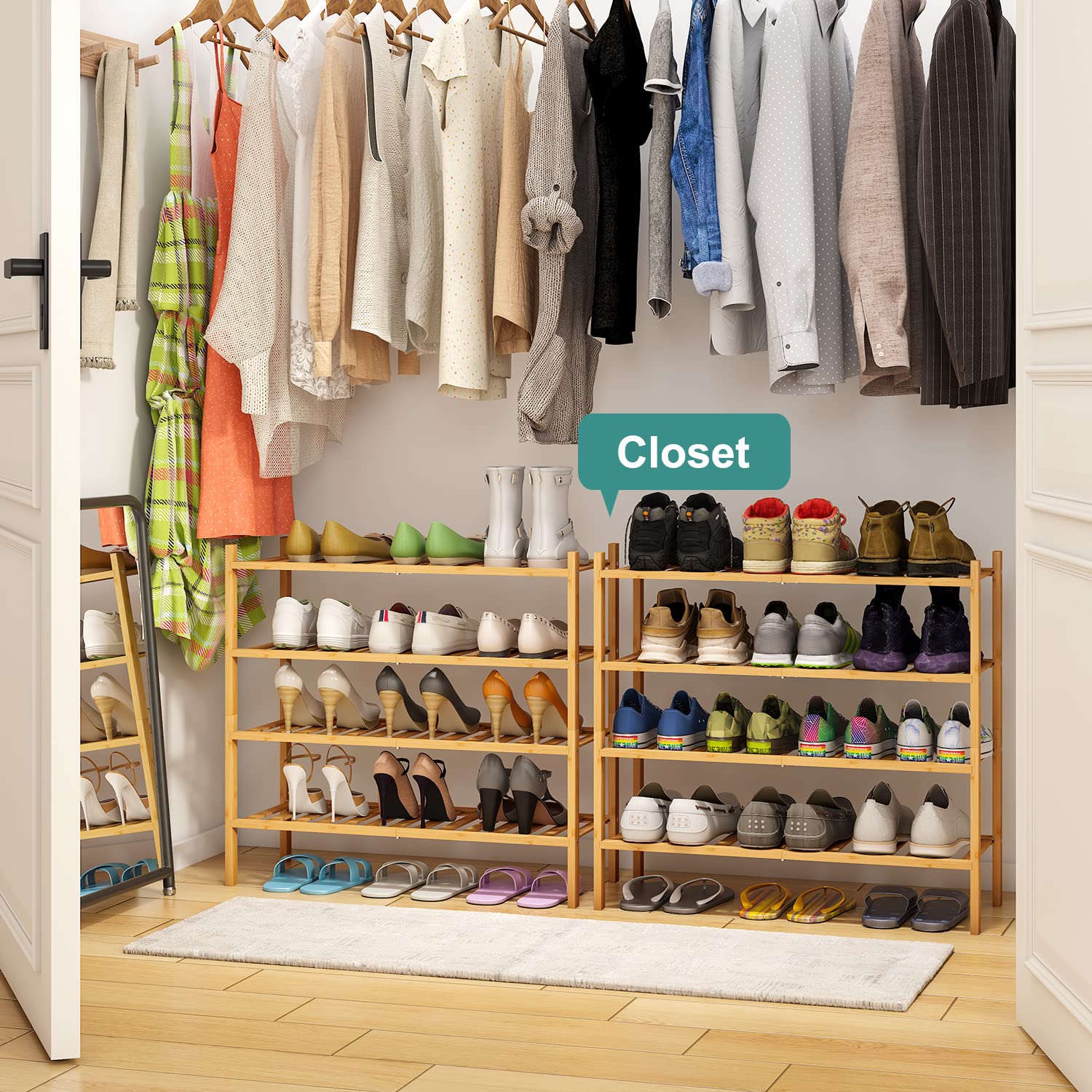 Viewcare bamboo shoe rack close-up highlights durable, natural bamboo and smooth finish.