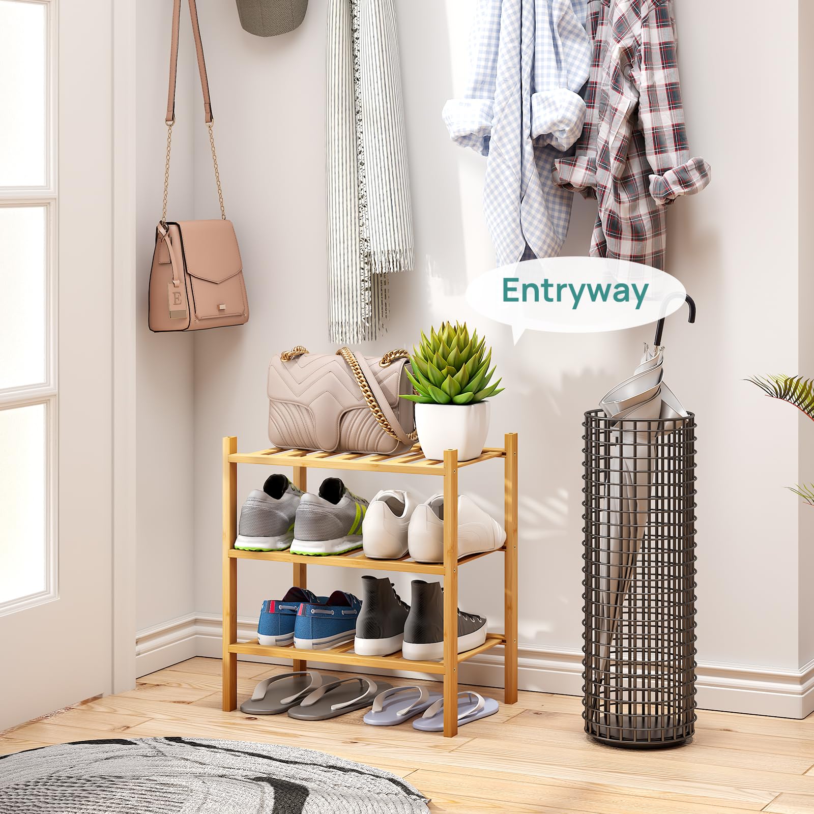 Viewcare bamboo shoe shelf shows stackable setup for growing footwear collection.