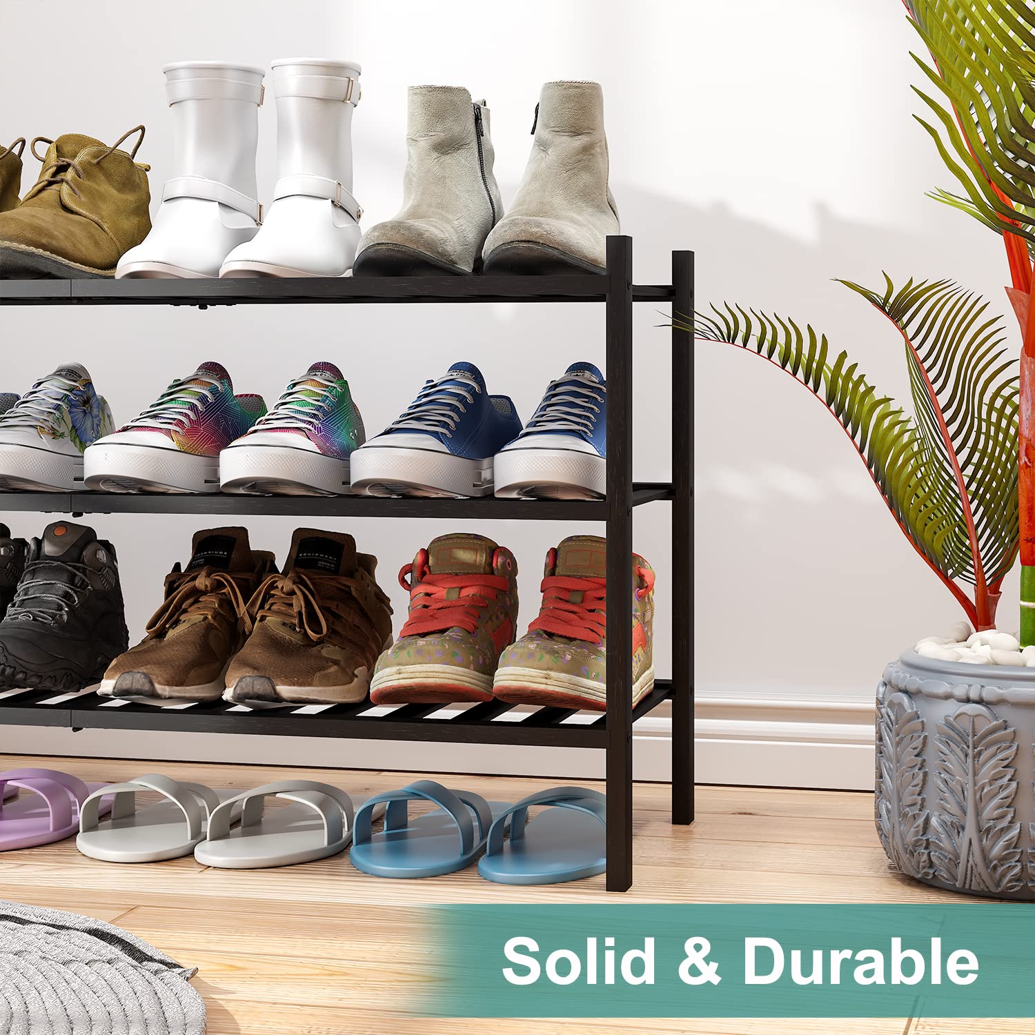 Viewcare entryway shoe rack in use with coats and shoes
