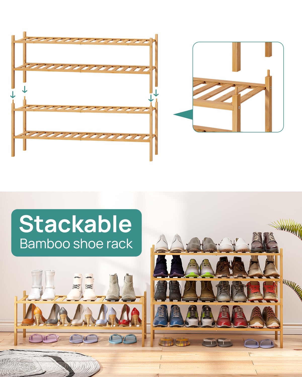 Viewcare shoe rack in hallway complements decor with natural bamboo finish