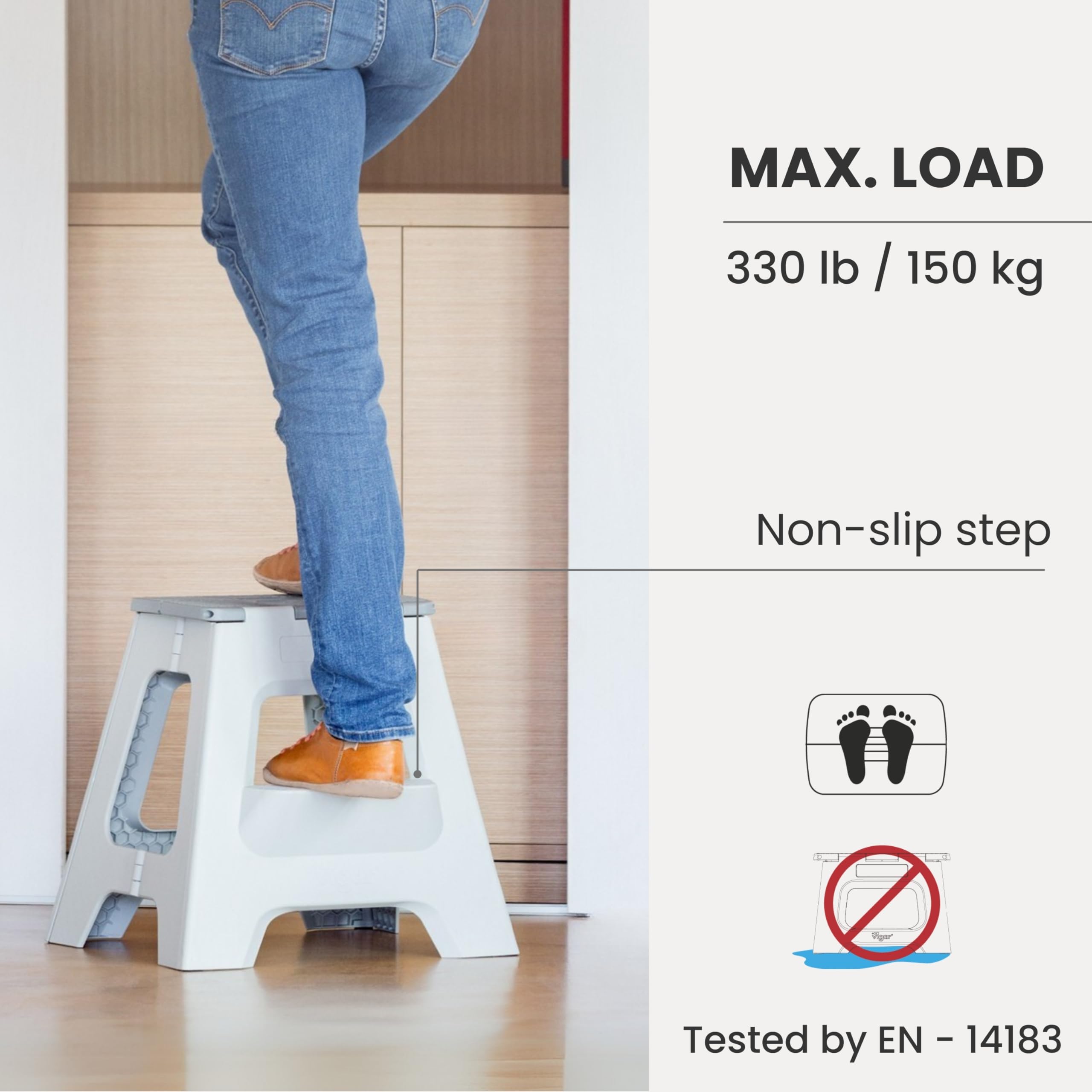 Vigar adult-use foldable stool shown for everyday tasks
