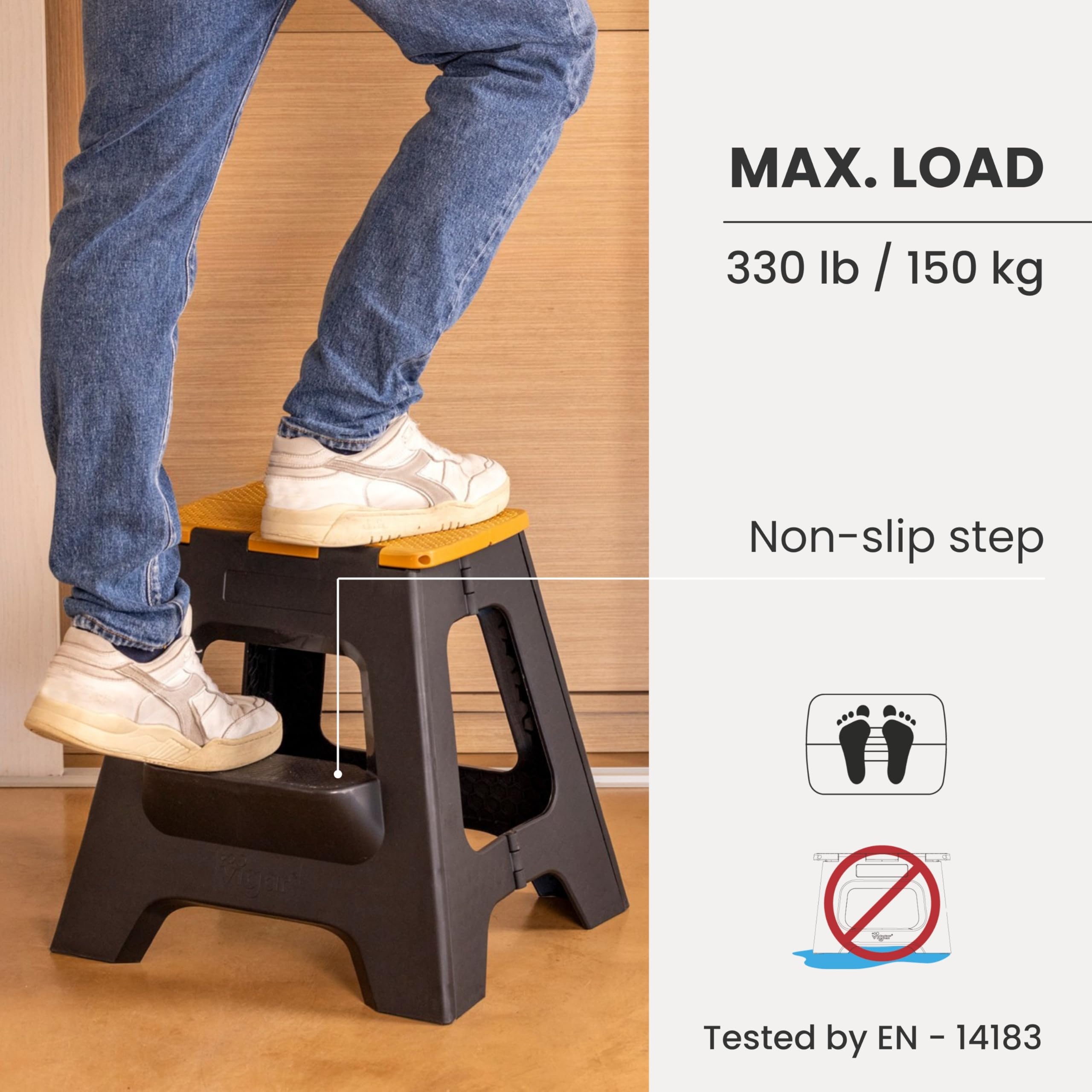 Vigar Compact Step Stool anti-slip grips and rubber feet enhance safety.