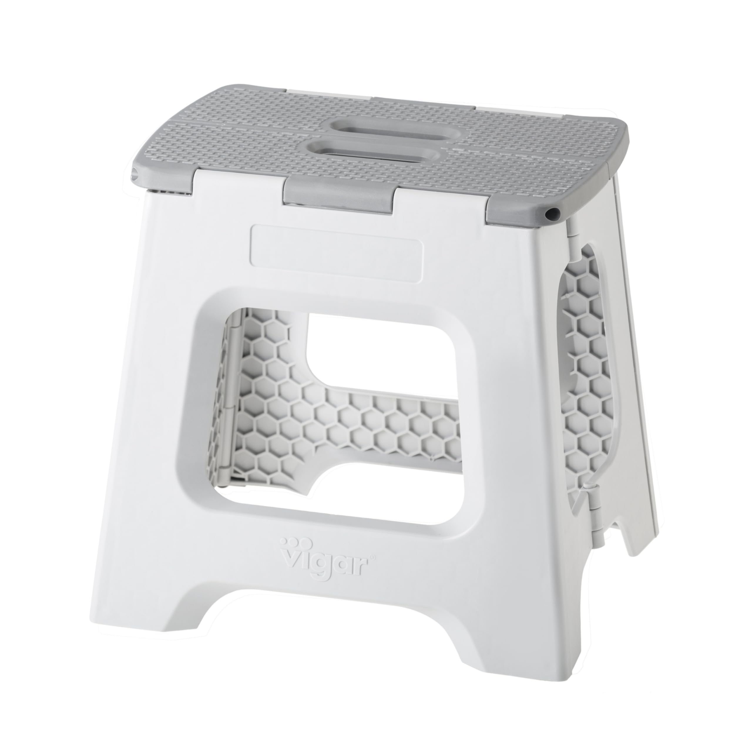 Vigar compact step stool folded, ideal space-saving storage beside cabinets.