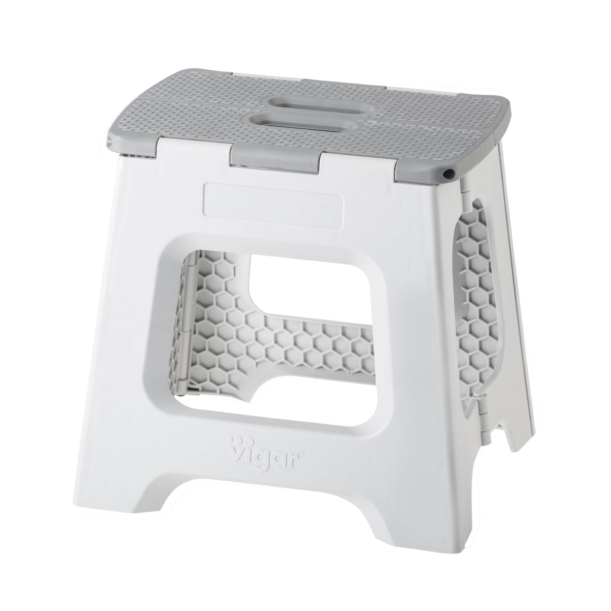 Vigar compact step stool folded, ideal space-saving storage beside cabinets.