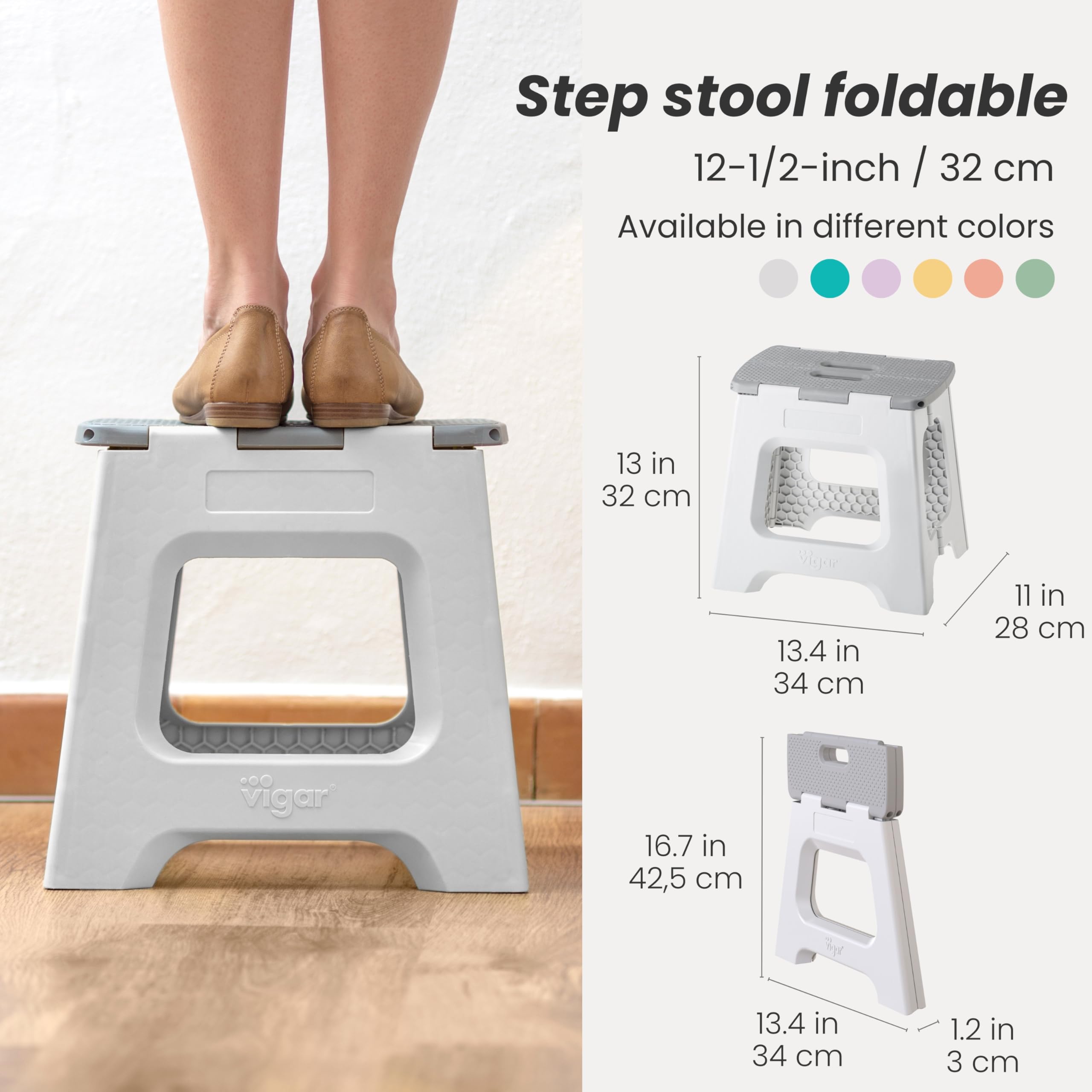 Vigar compact step stool open at 32 cm, sturdy reach for shelves.