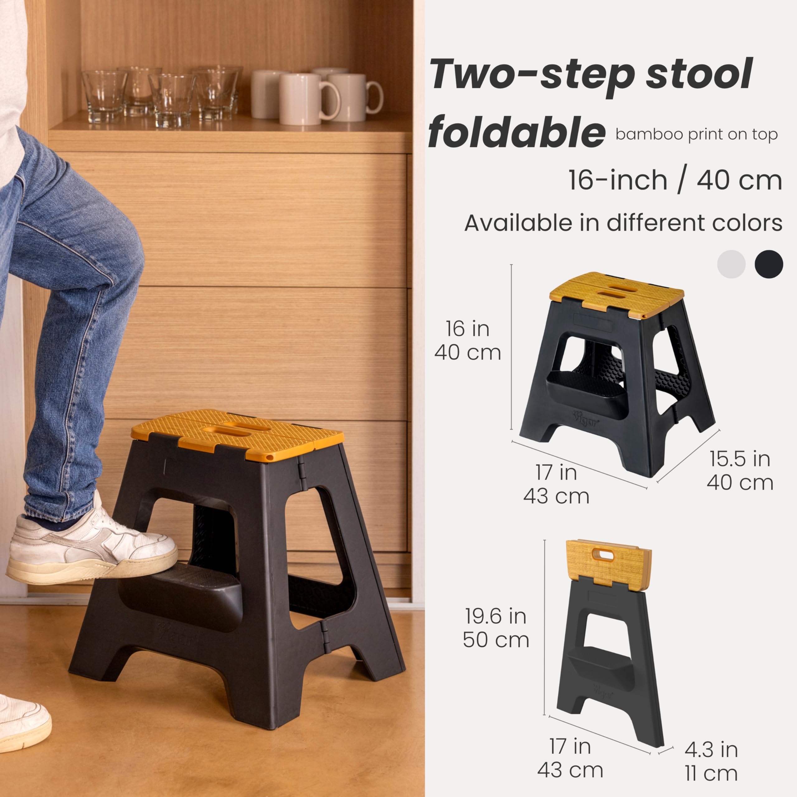 Vigar Compact Step Stool unfolded front view highlights sturdy two-step height for kitchen tasks.