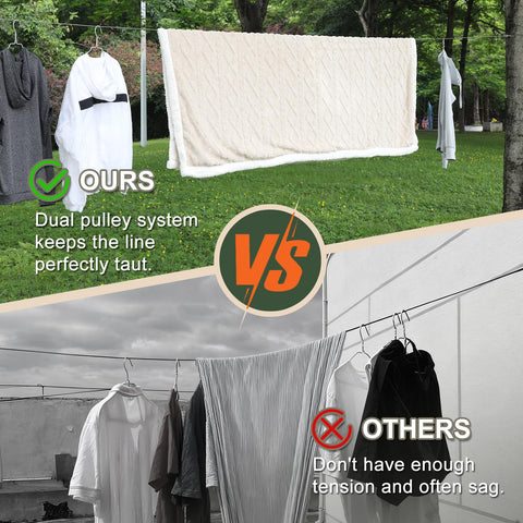 Vigorport sag-proof pulley system supports heavy items for elevated drying.