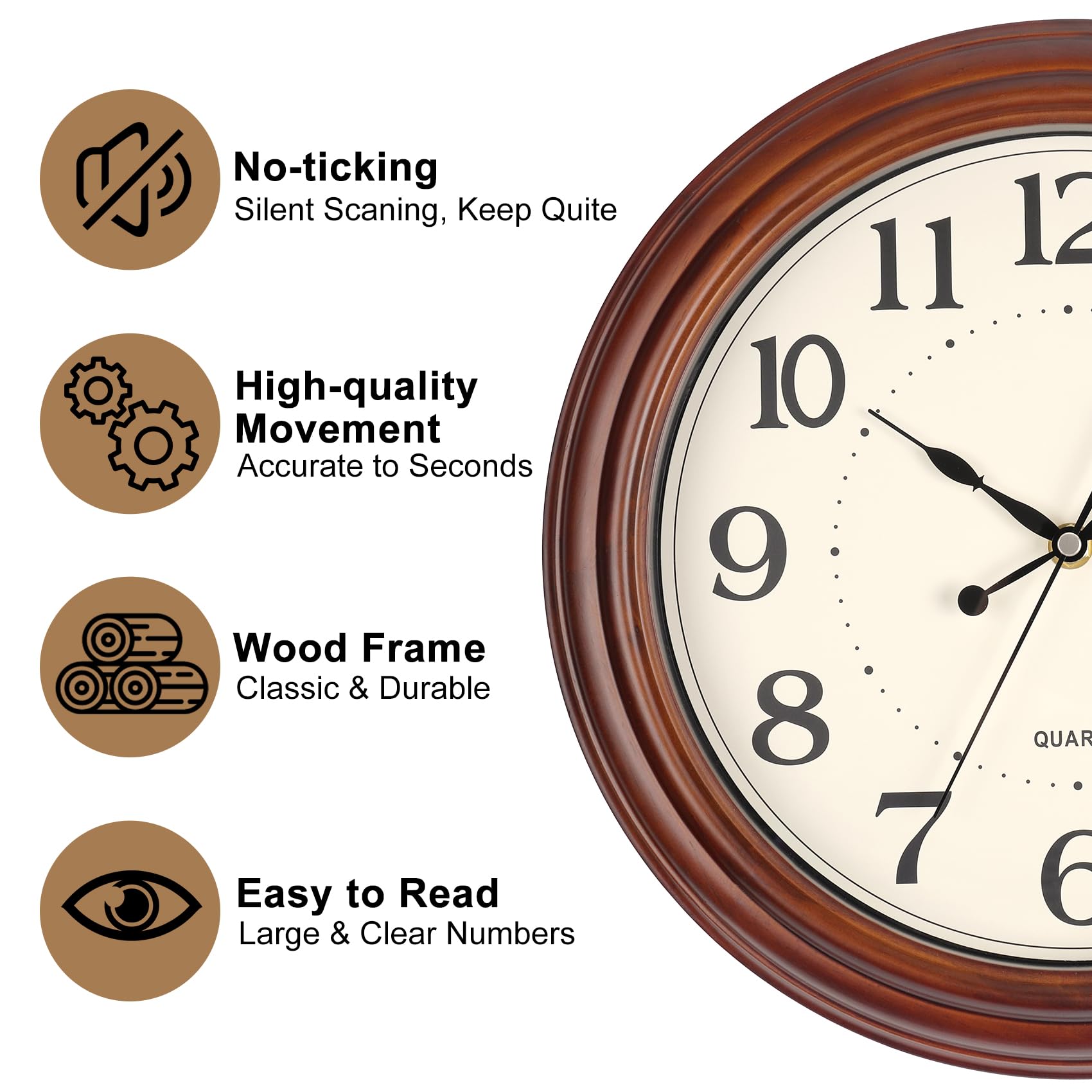 Vigorwise wood-frame clock with silent sweep movement for undisturbed sleep.