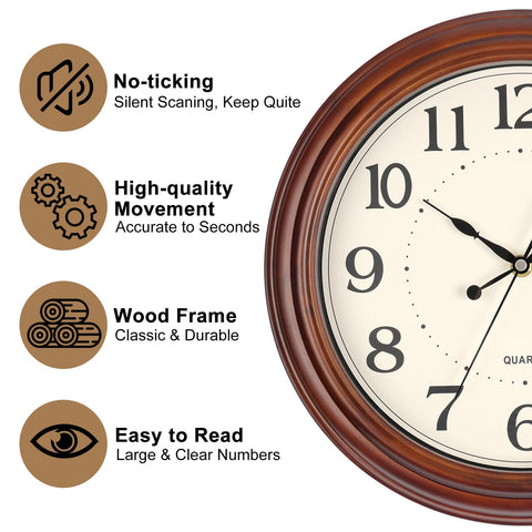 Vigorwise wood-frame clock with silent sweep movement for undisturbed sleep.