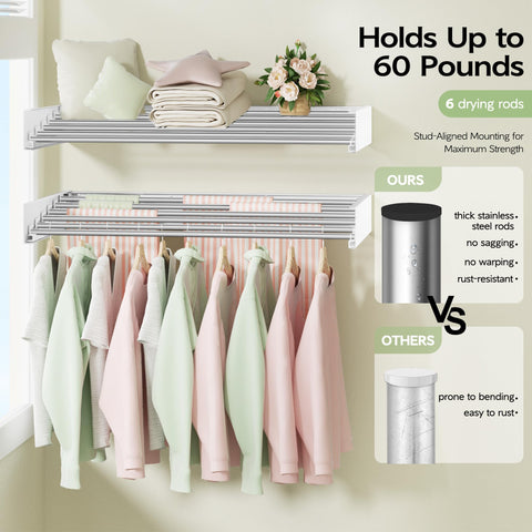 Vikaqi six-rod drying rack on sturdy stainless steel supports heavy garments.