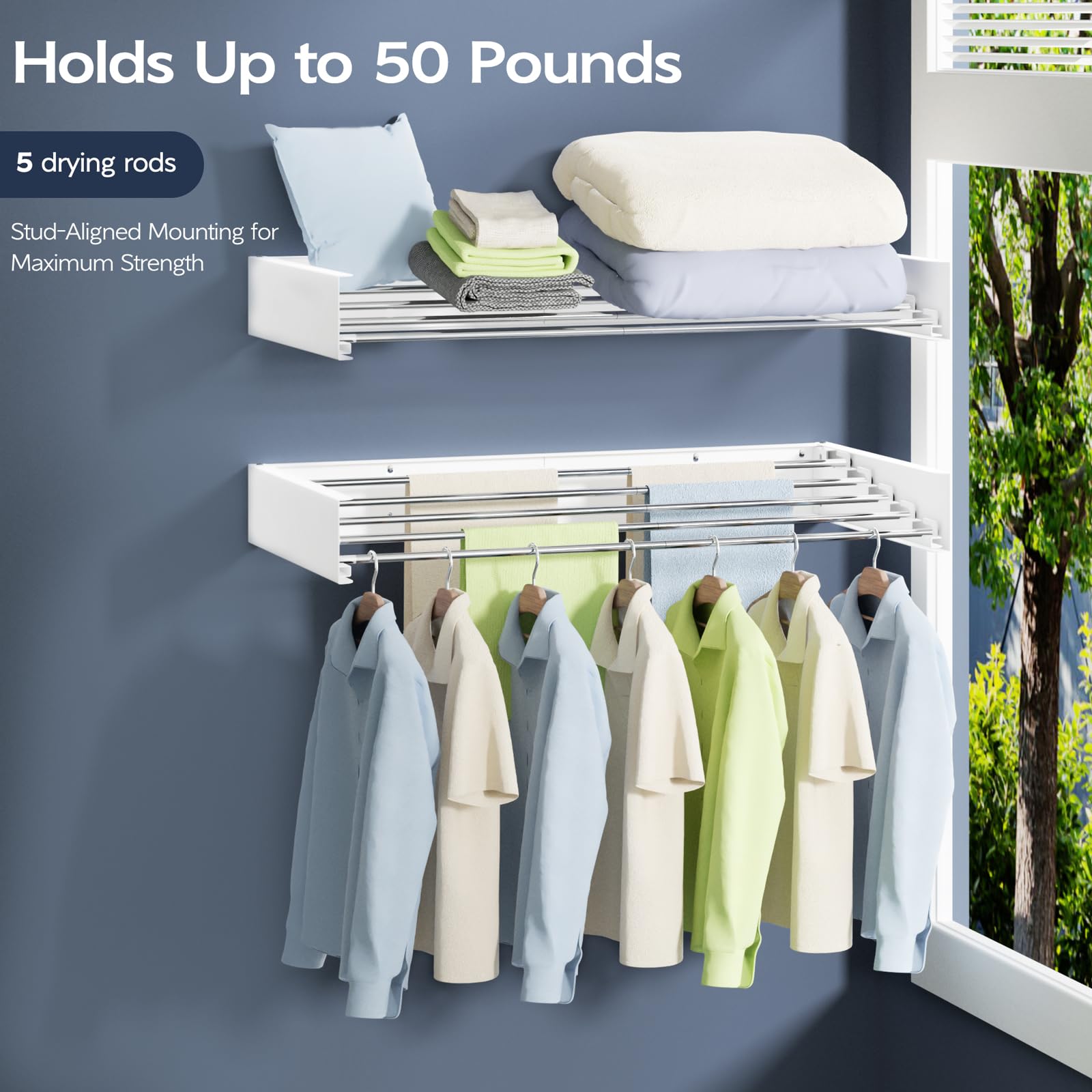 Vikaqi stainless steel rods support up to 60 lb for daily laundry.