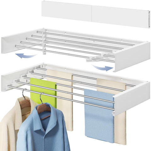 Vikaqi wall-mounted drying rack, 32-inch wide, saves floor space while drying laundry efficiently.