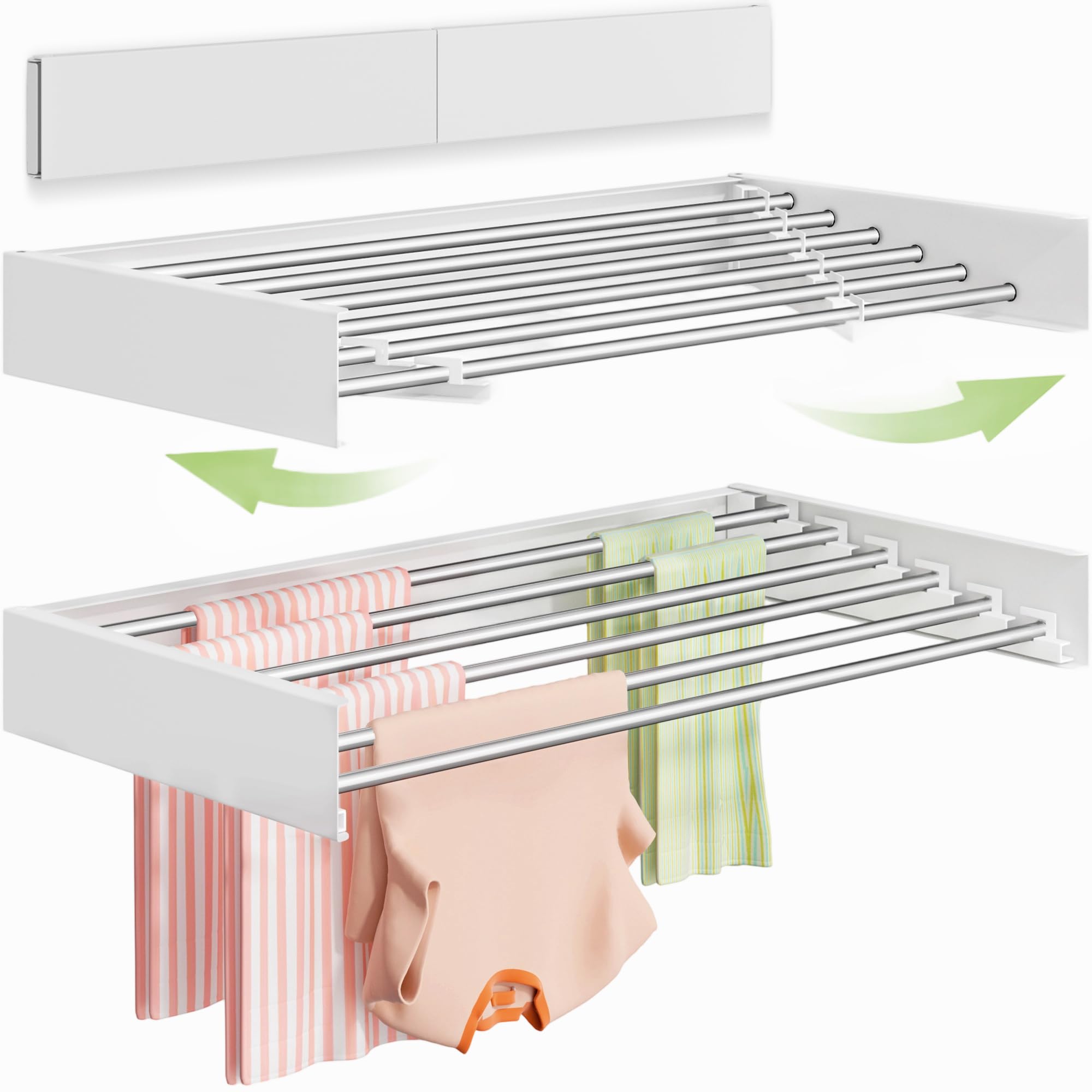 Vikaqi wall-mounted drying rack folded against the wall saves floor space.