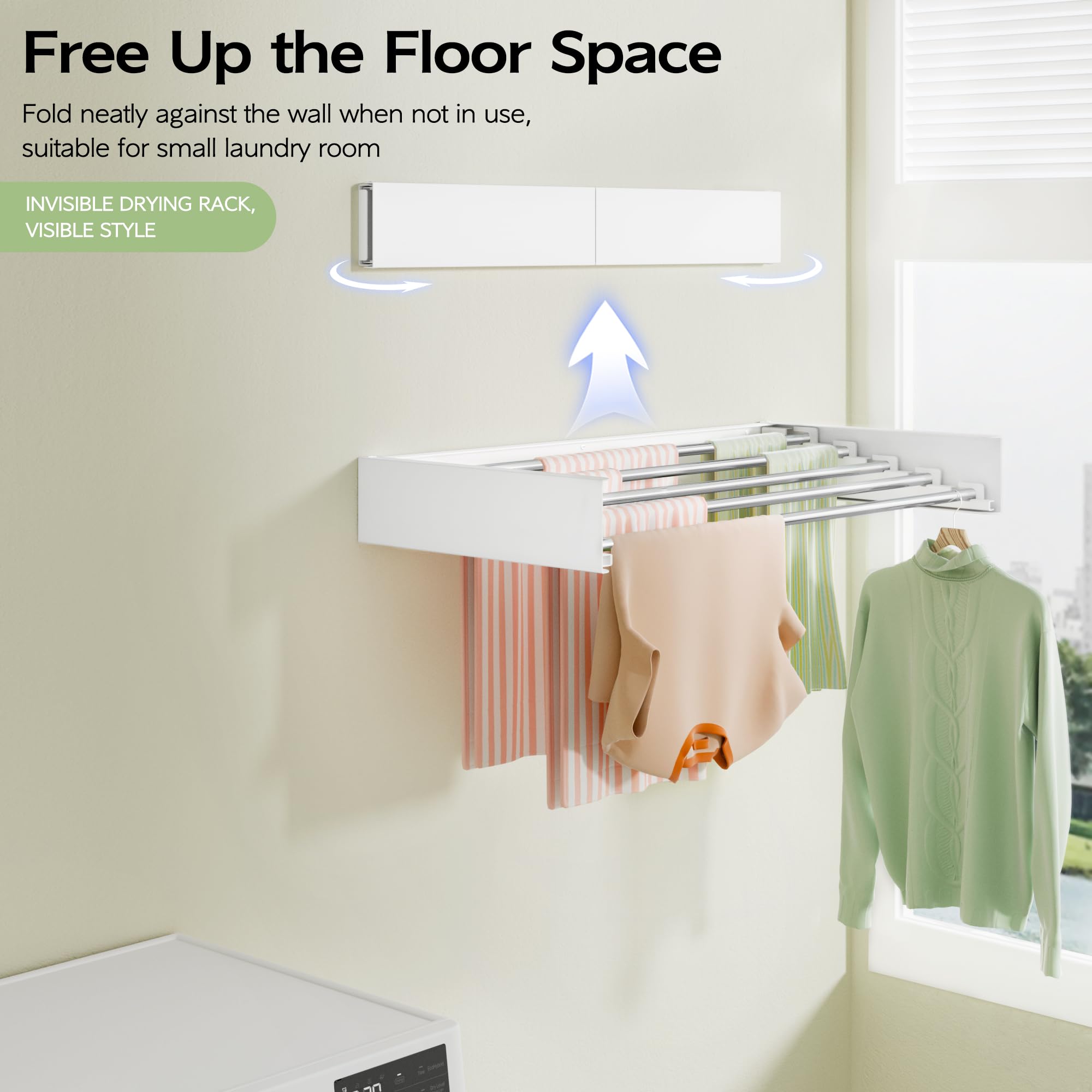 Vikaqi wall-mounted drying rack extended to air dry towels and garments.