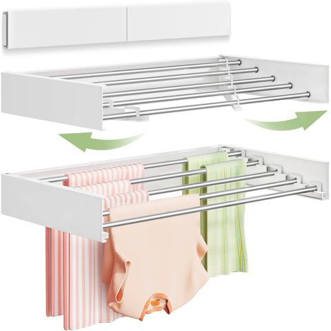Vikaqi wall-mounted drying rack folded against the wall saving space and staying out of the way.