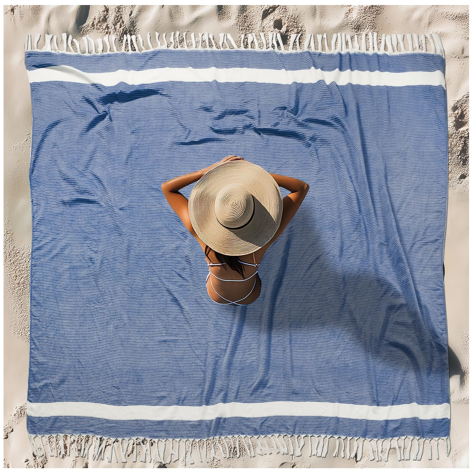 Vikumond blue oversized Turkish beach towel blanket, sandproof and quick-drying for beach days.