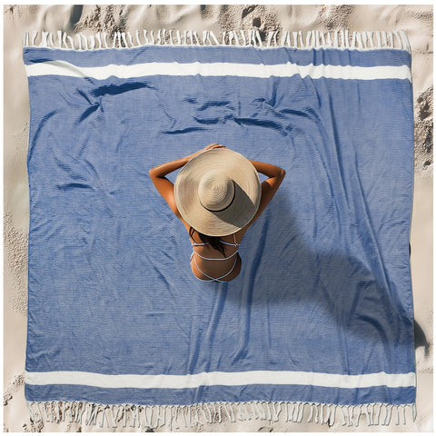 Vikumond blue oversized Turkish beach towel blanket, sandproof and quick-drying for beach days.