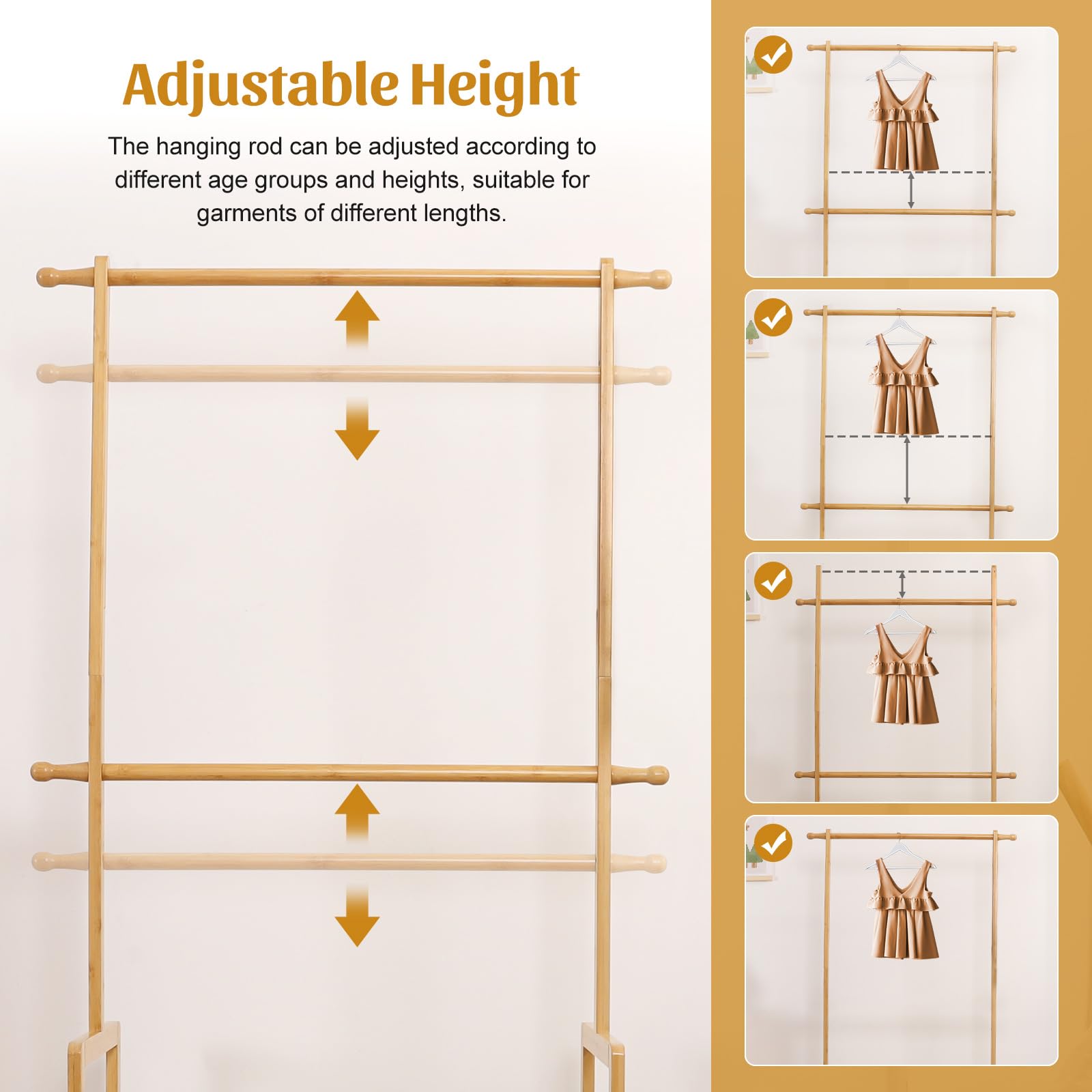 Vilaxing rack with adjustable hanging rods helps growing kids adapt.