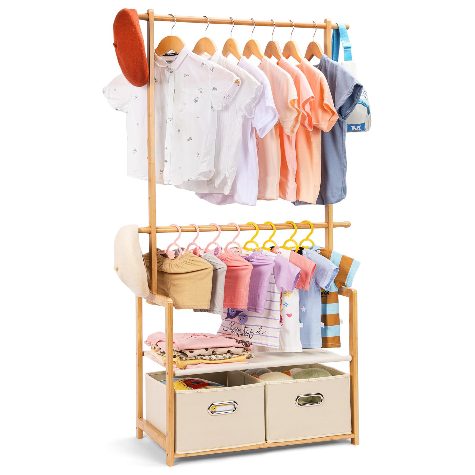 Vilaxing bamboo kids clothing rack with two baskets, front view for easy sorting.