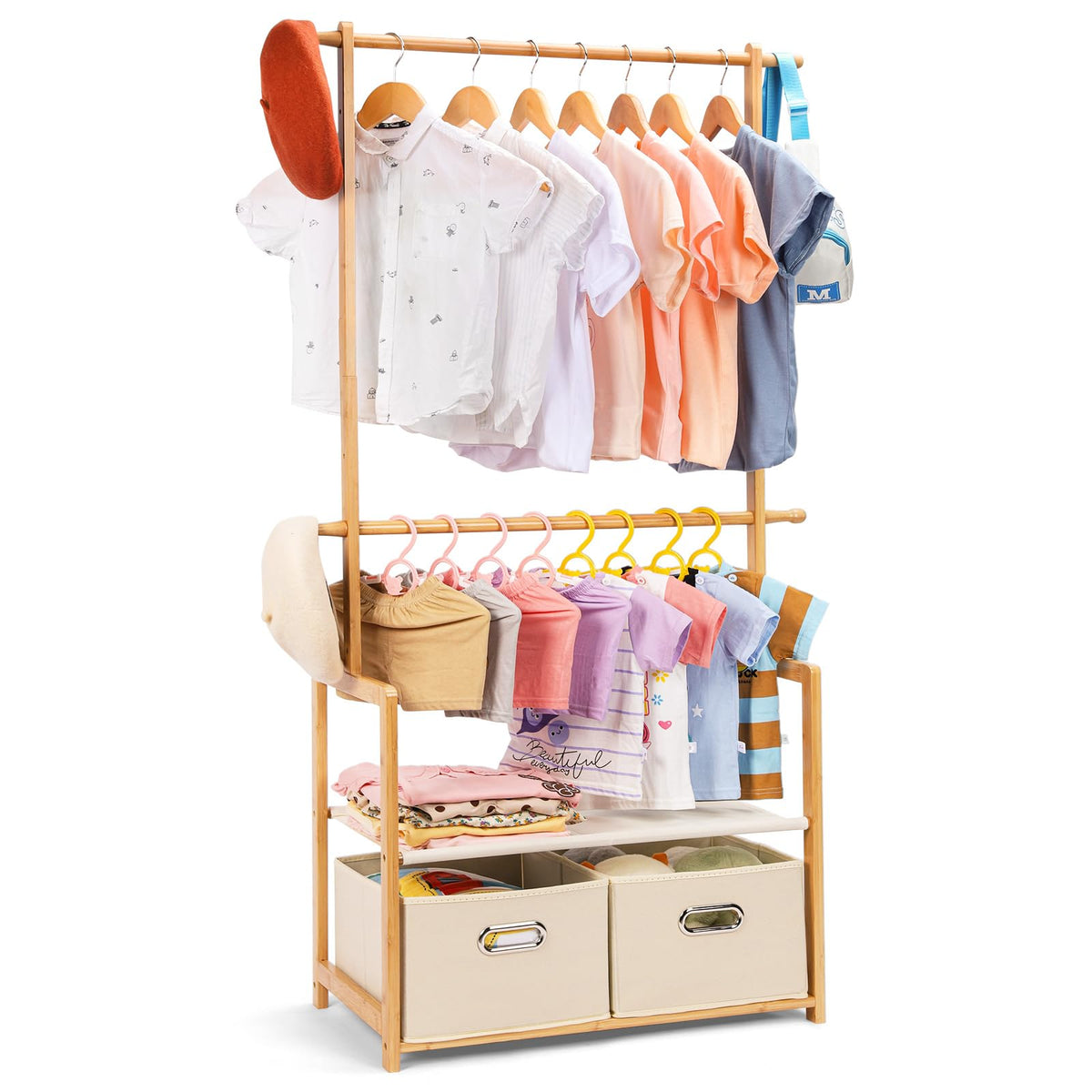 Vilaxing bamboo kids clothing rack with two baskets, front view for easy sorting.
