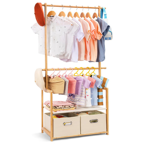Vilaxing bamboo kids clothing rack with two baskets, front view for easy sorting.