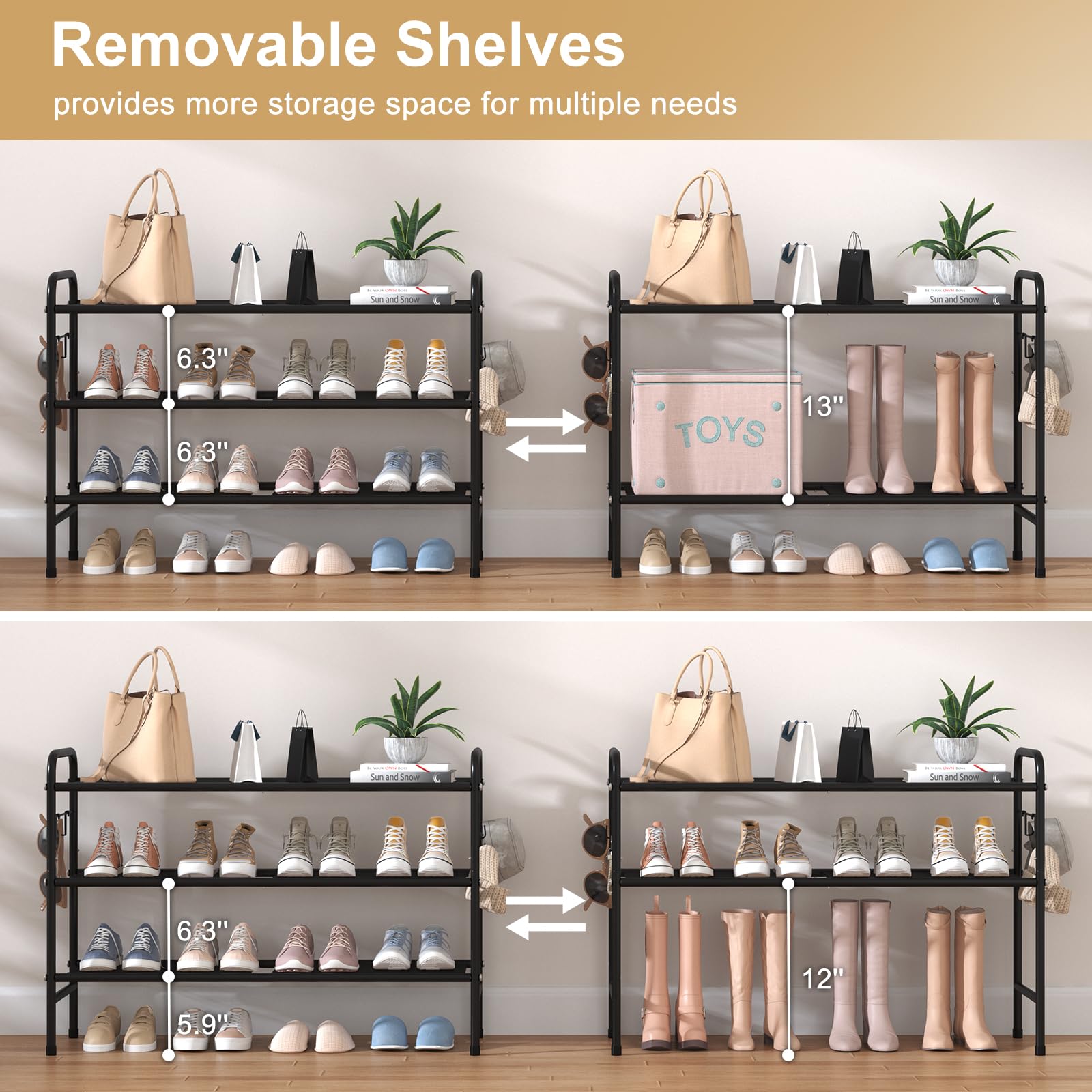 Bottom storage area helps store flats and slippers neatly.