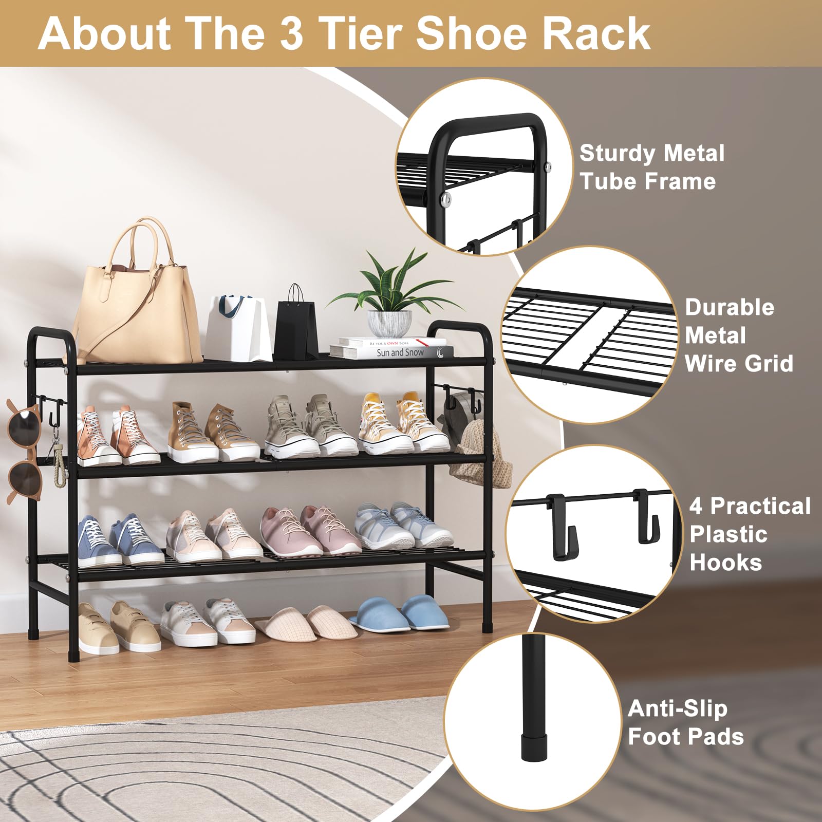 Sturdy metal frame of Vilick rack supports daily shoe weight.