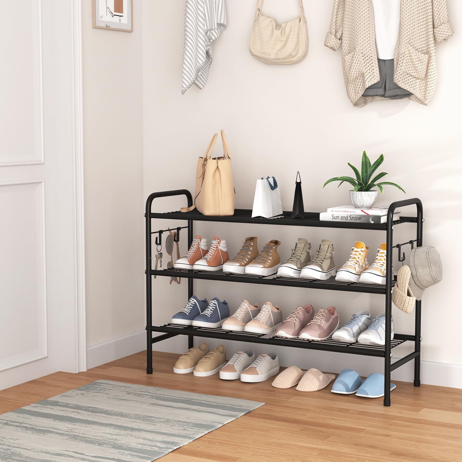 Vilick shoe rack with side hooks for keys and umbrellas near the foyer.