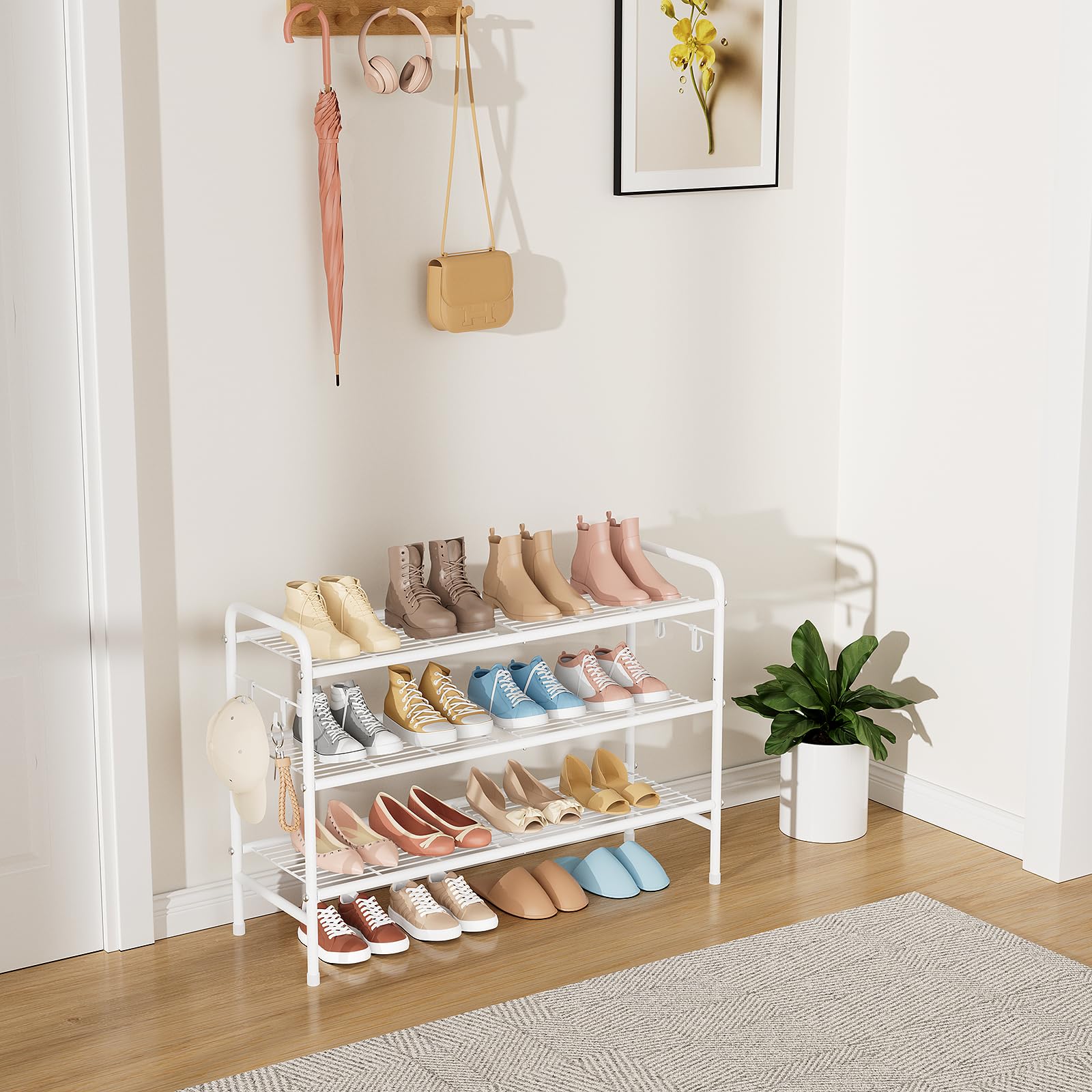 VILICK 3-tier shoe rack side hooks demonstrates convenient storage for keys and umbrellas.