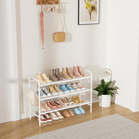 VILICK 3-tier shoe rack side hooks demonstrates convenient storage for keys and umbrellas.