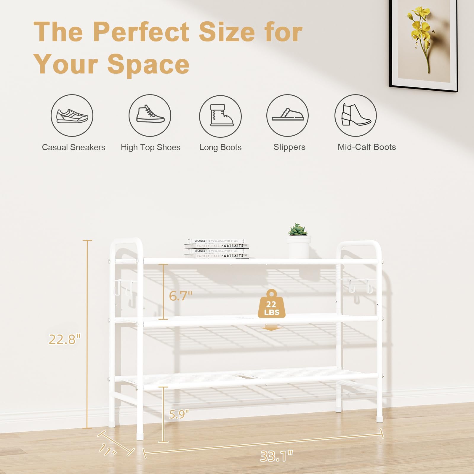 VILICK 33-wide shoe rack dimensions highlight ample capacity for 16-20 pairs.