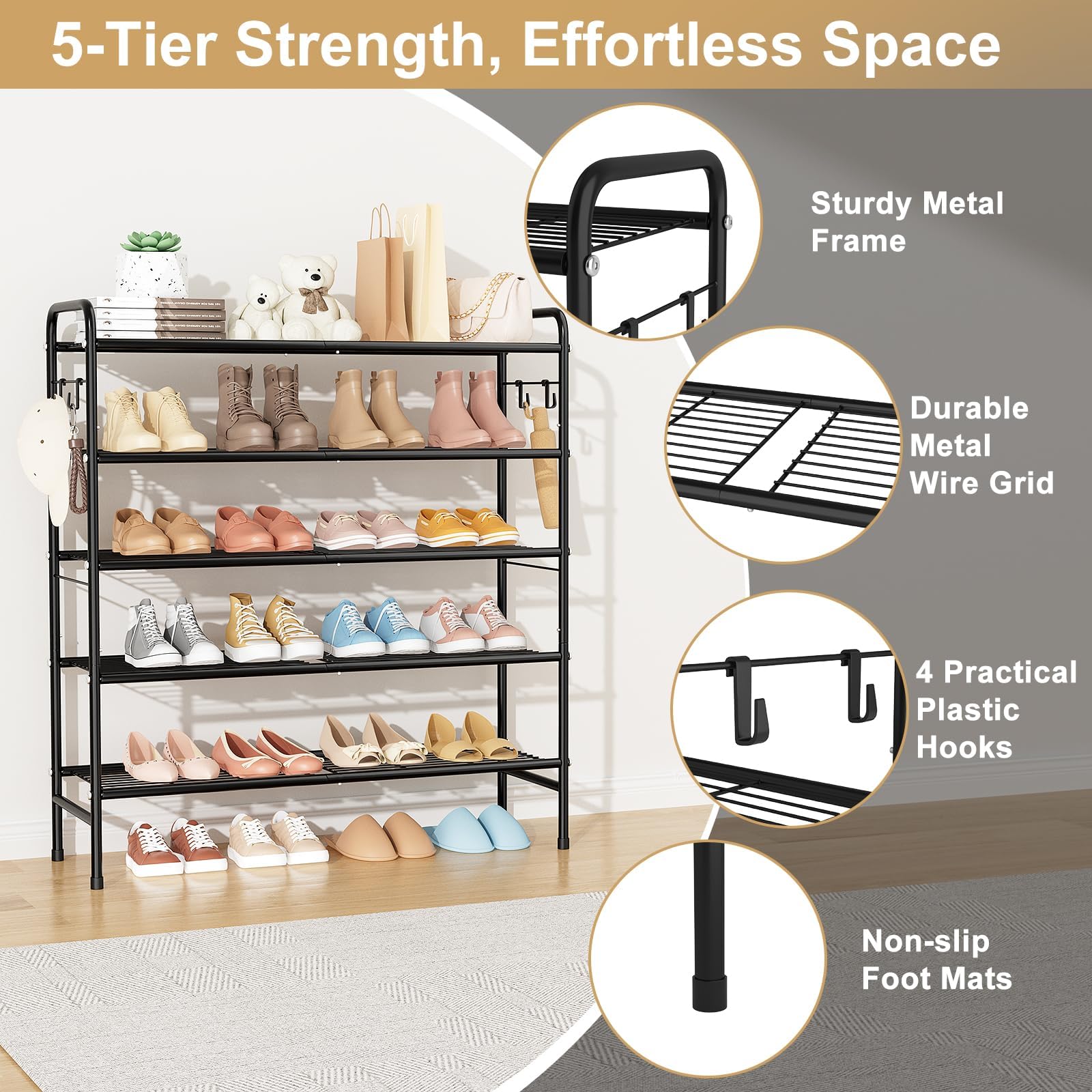 VILICK 5-tier rack with heel rails optimizing vertical space for heels