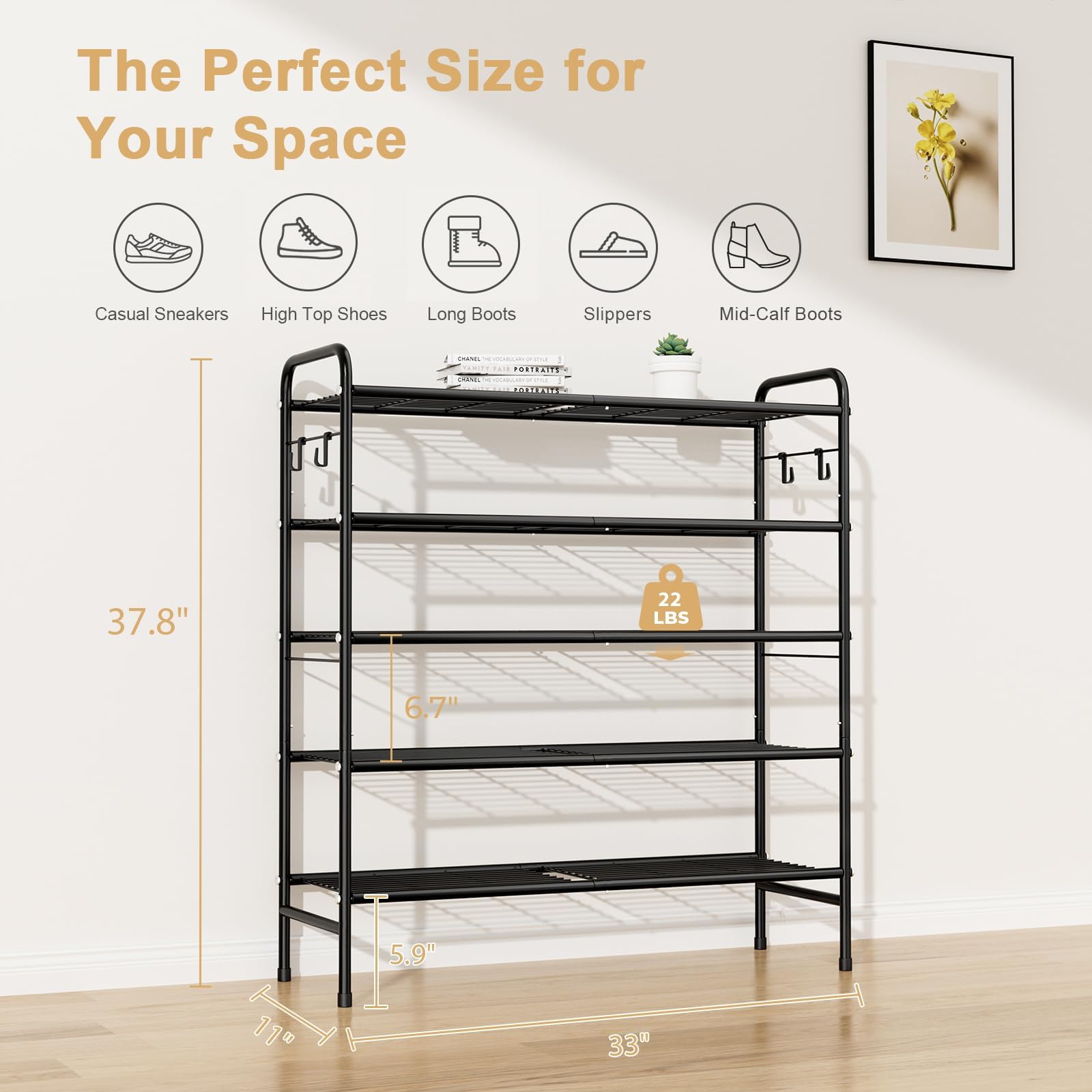 VILICK 5-tier removable shelves demonstrate customizable storage for tall boots and boxes