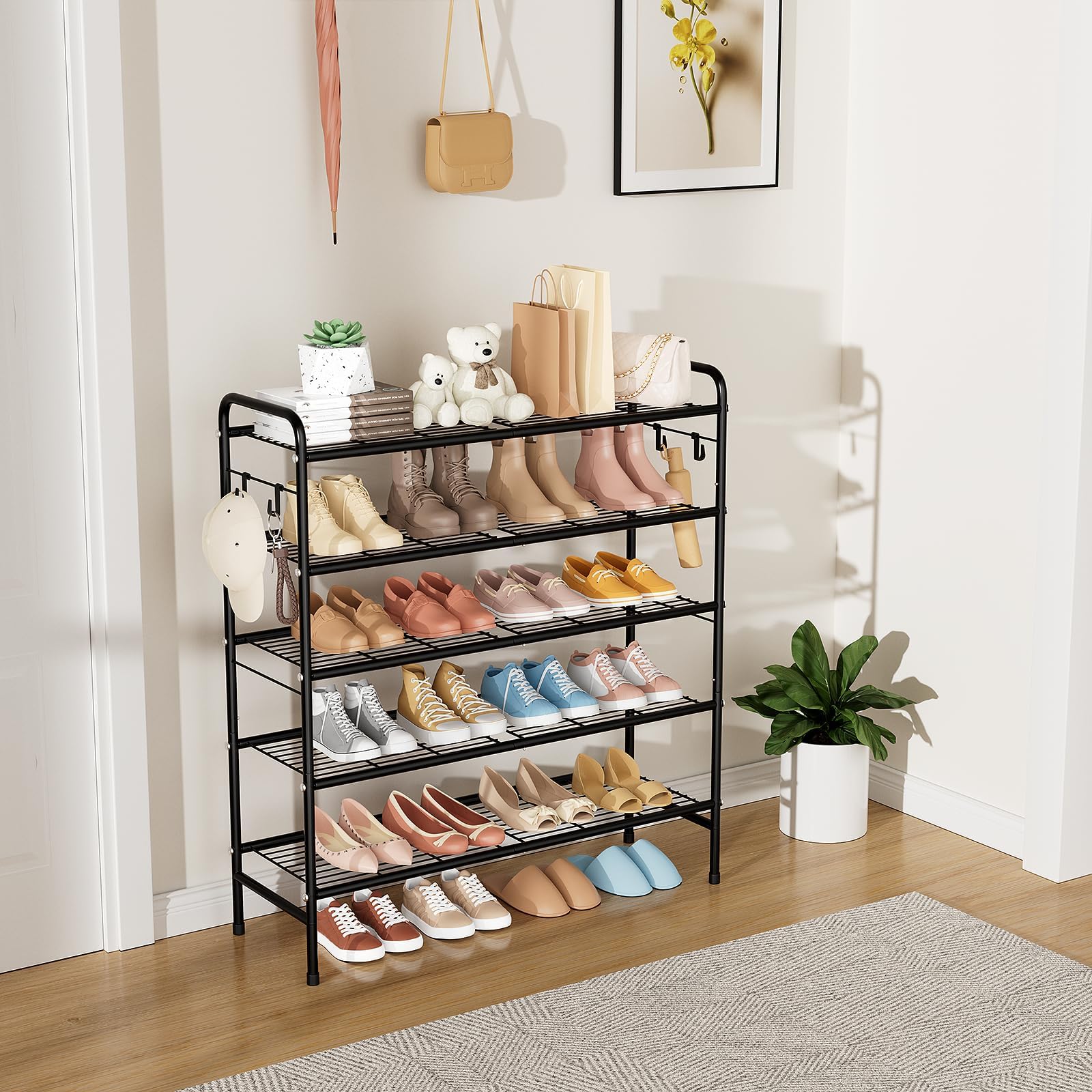 VILICK 5-tier rack side hooks image highlighting extra space for bags and hats