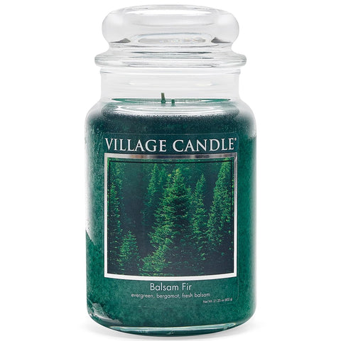 Village Candle Balsam Fir apothecary jar glows with evergreen fragrance for a cozy living space