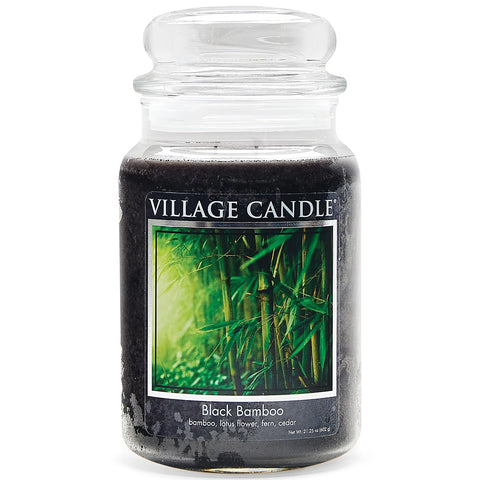 Village Candle Black Bamboo jar front view enhances living room ambiance with a sophisticated black glass finish