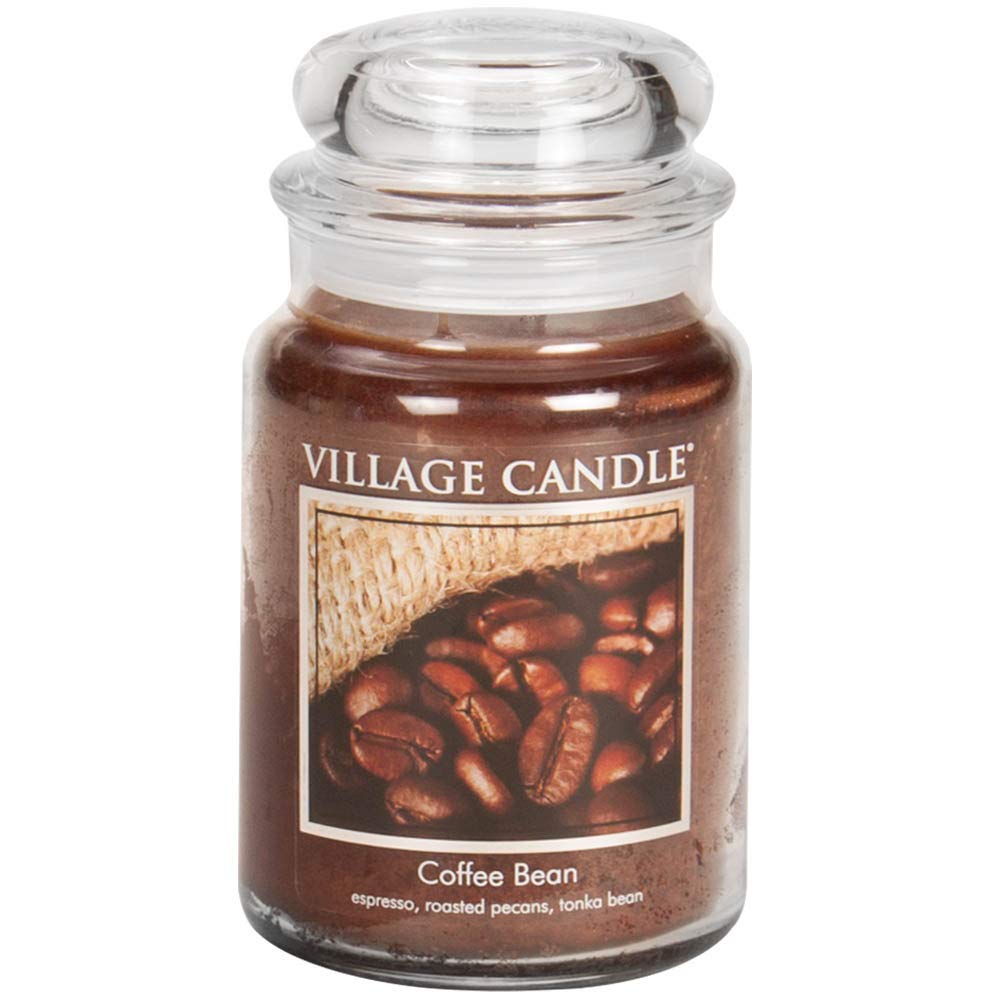 Village Candle Coffee Bean glass jar close-up, delivering inviting espresso aroma for cozy spaces.