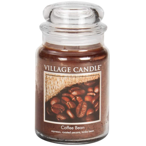 Village Candle Coffee Bean glass jar close-up, delivering inviting espresso aroma for cozy spaces.