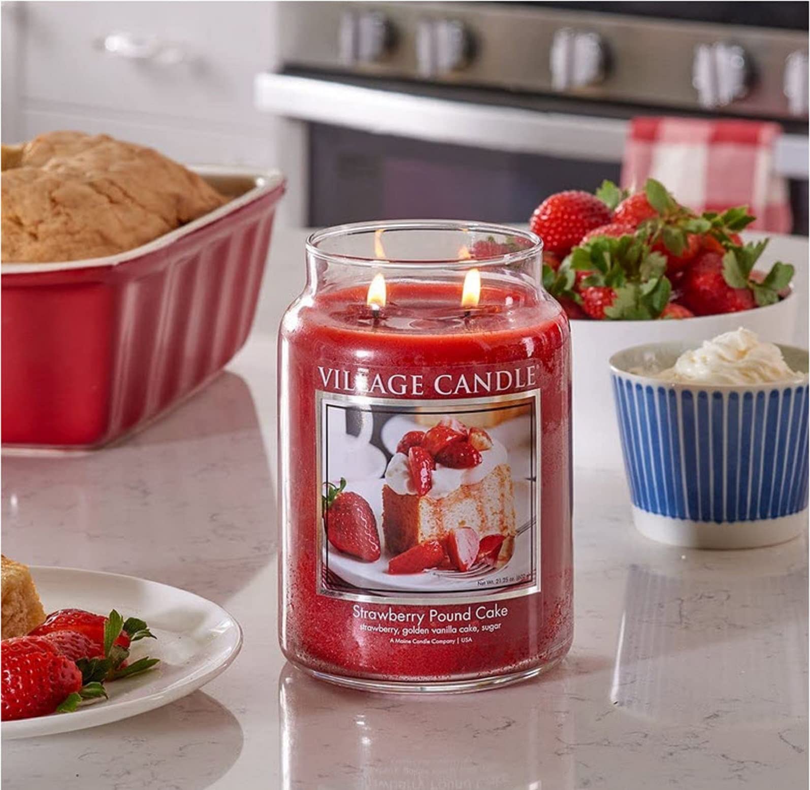 Village Candle Strawberry Pound Cake candle ready for extended evenings