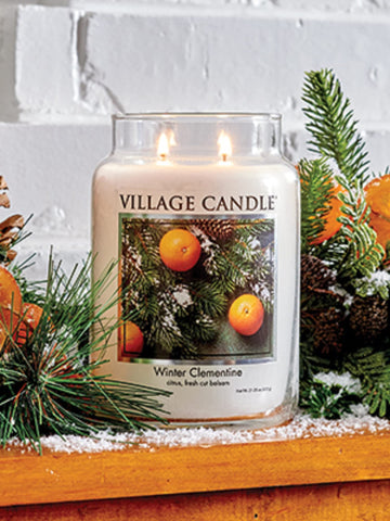 Village Candle fragrance notes citrus and balsam evoke wintry ambience for home decor.