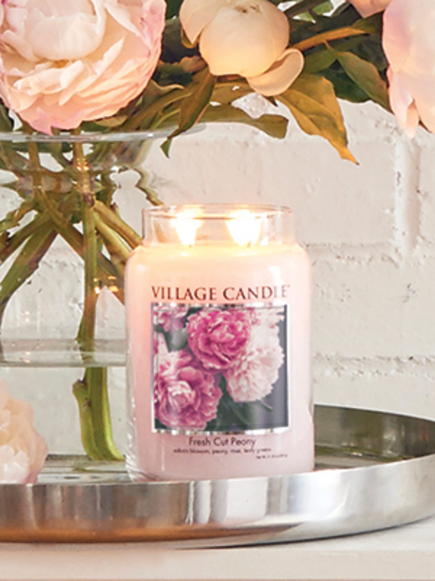 Village Candle Fresh Cut Peony demonstrates Sakura Blossom and Rose fragrance for a nuanced atmosphere