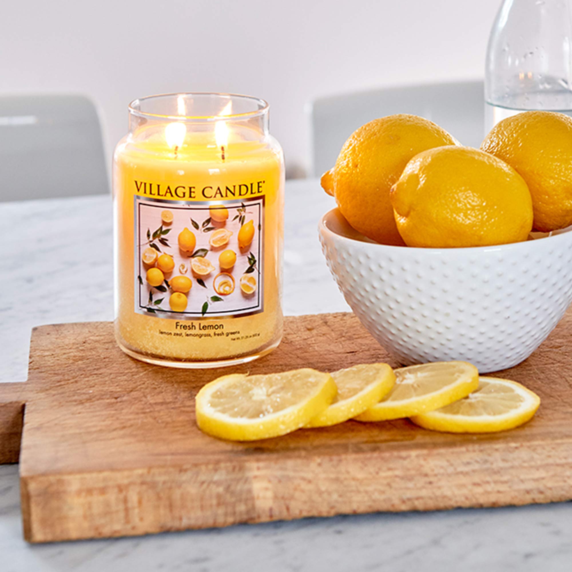 Village Candle Fresh Lemon large apothecary jar closeup wick with clean burn potential