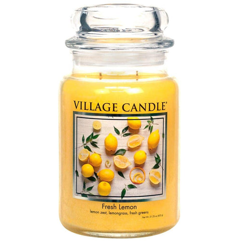 Village Candle Fresh Lemon large apothecary jar front view energizing citrus scent