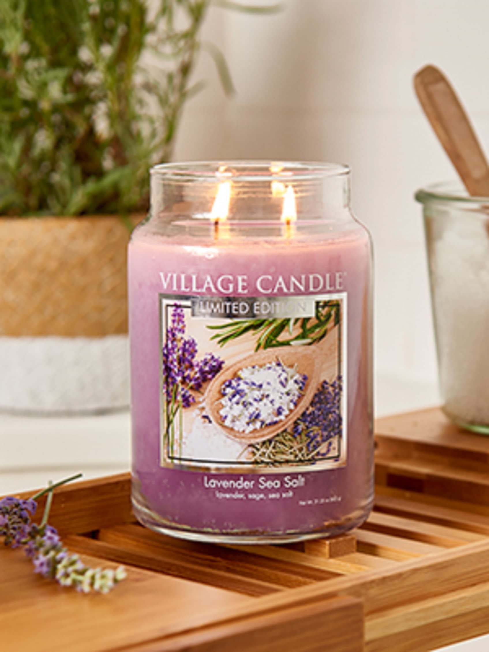 Village Candle Lavender Sea Salt dual-wick system for cleaner, more efficient burn.