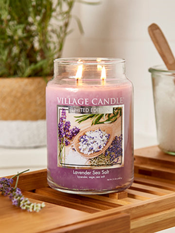 Village Candle Lavender Sea Salt dual-wick system for cleaner, more efficient burn.