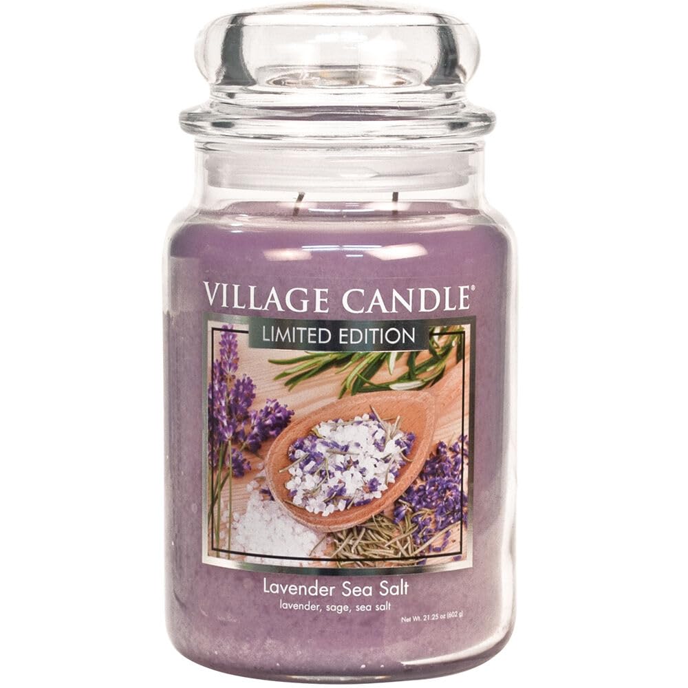 Village Candle Lavender Sea Salt large glass apothecary jar delivers long-lasting fragrance.