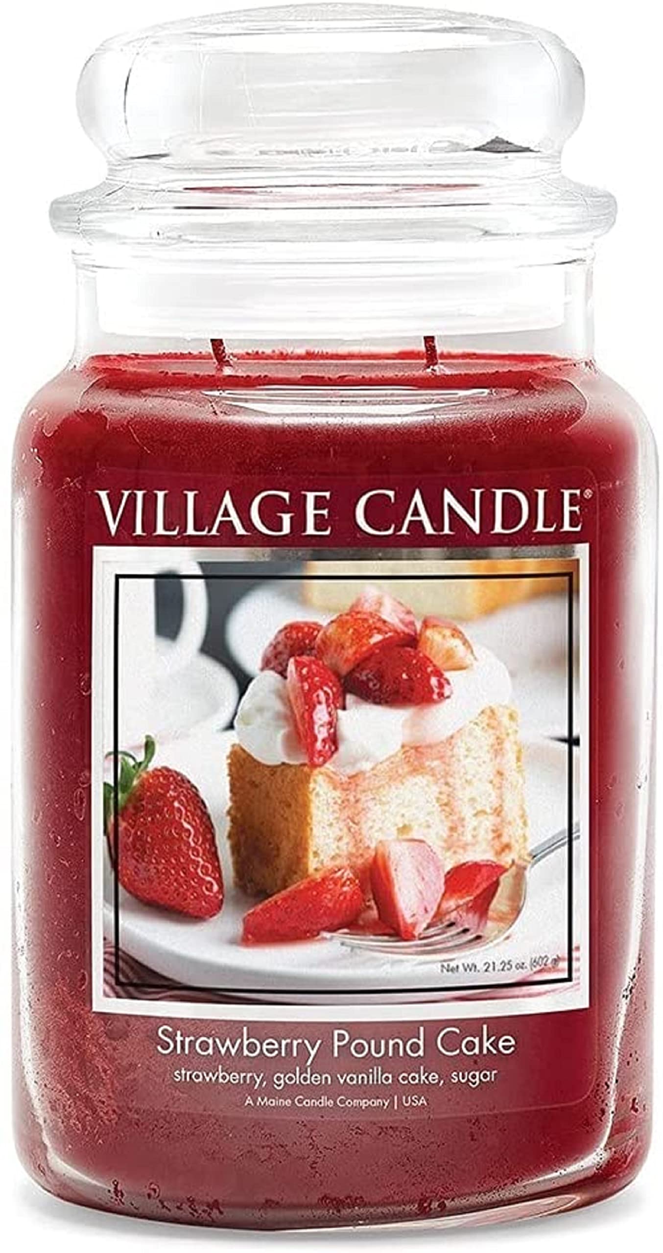 Village Candle Strawberry Pound Cake jar close-up with rich fragrance